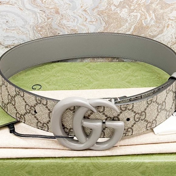 New! Gucci GG Marmont Wide Canvas Grey Buckle Belt main image 10